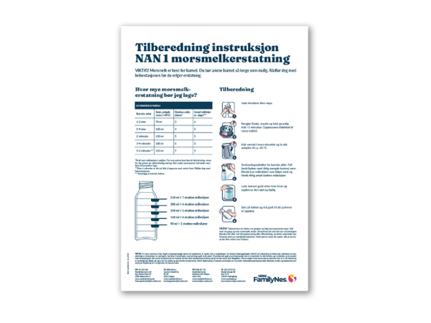 Tilberedning instruksjon  NAN 1 morsmelkerstatning