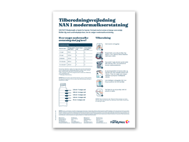 Tilberedning instruksjon NAN 1 morsmelkerstatning - Dansk