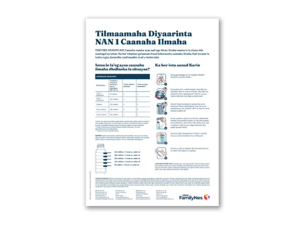 Tilberedning instruksjon NAN 1 morsmelkerstatning - Somalisk